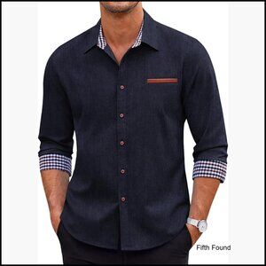 Men's Long Sleeve Denim Button Down Shirt Regular Fit Casual Vintage Style